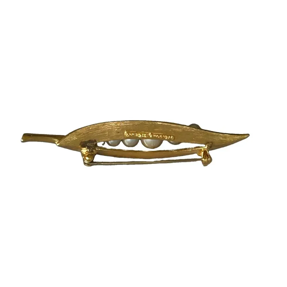 Vintage Vendome Sterling Silver Faux Pearl Pea Pod Leaf Brooch Gold Plated Signd